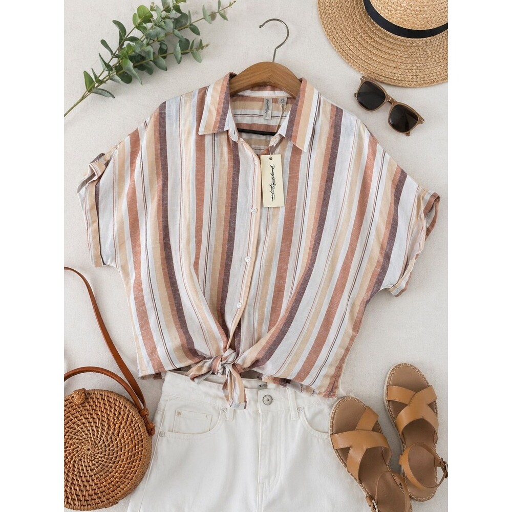 Young Hearts Run Free Neutral Vertical Stripe Linen Rayon Tie Blouse XL Boxy